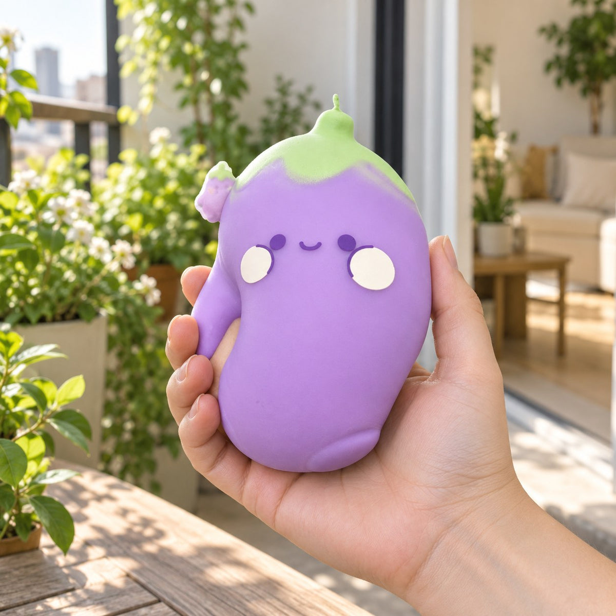 Squishy melanzana jumbo, faccina kawaii, tenuto in mano per mostrare la dimensione reale