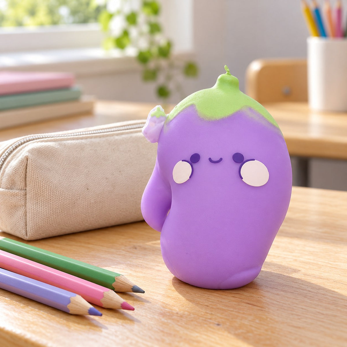 Squishy melanzana jumbo, faccina kawaii, su un banco di scuola accanto a un astuccio