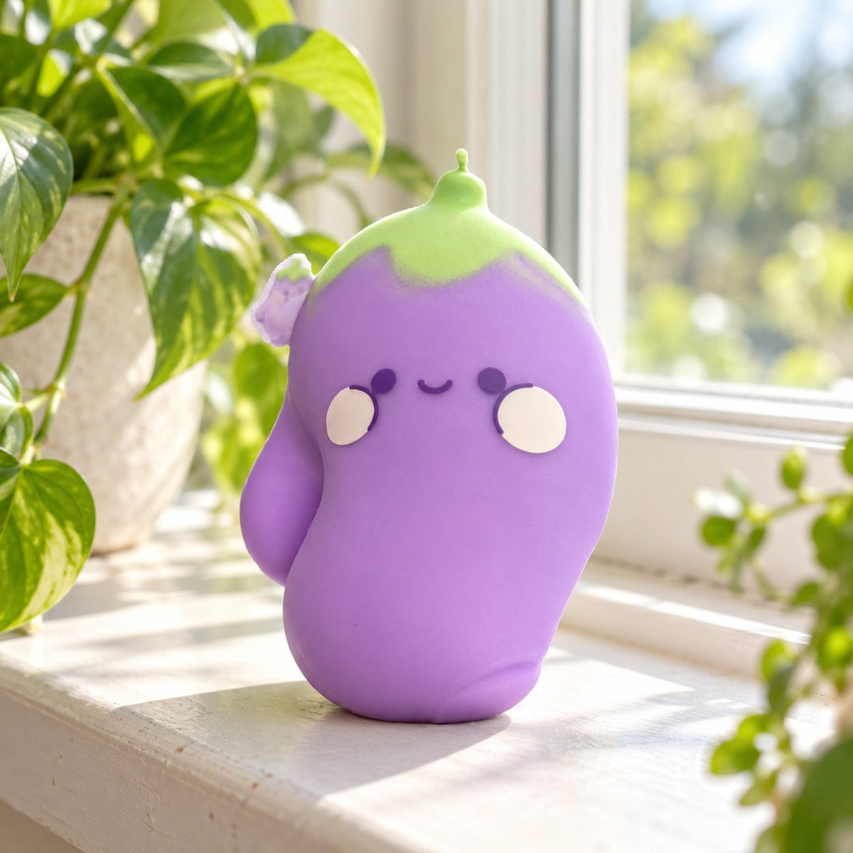 Squishy melanzana jumbo, faccina kawaii, sul davanzale di una finestra soleggiata