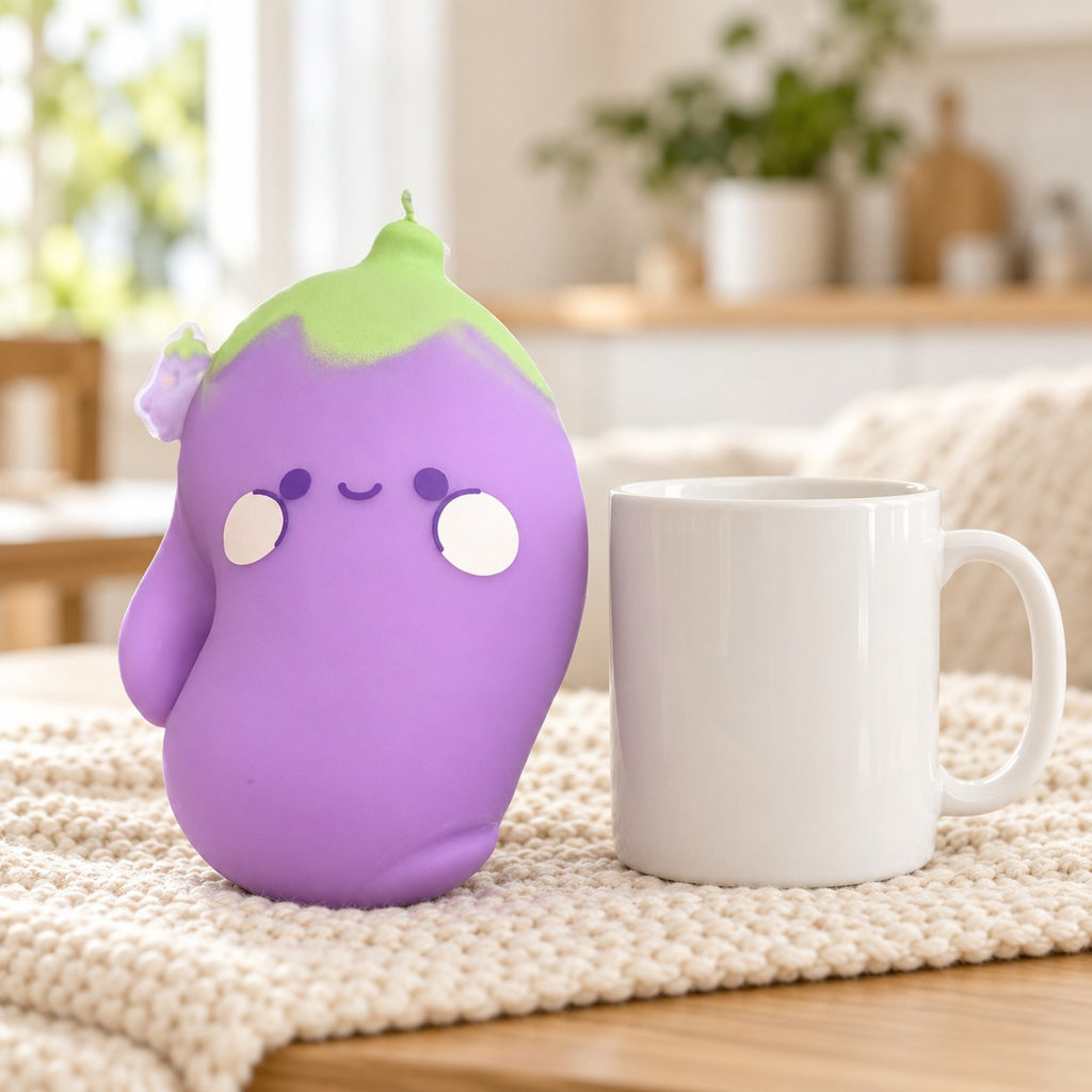 Squishy melanzana jumbo, faccina kawaii, accanto a una tazza da caffè per confrontare la dimensione