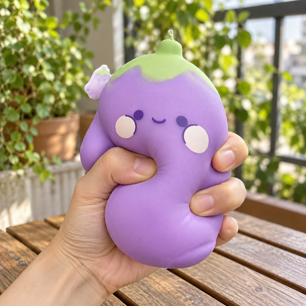 Squishy melanzana jumbo, faccina kawaii, schiacciato con la mano, morbido