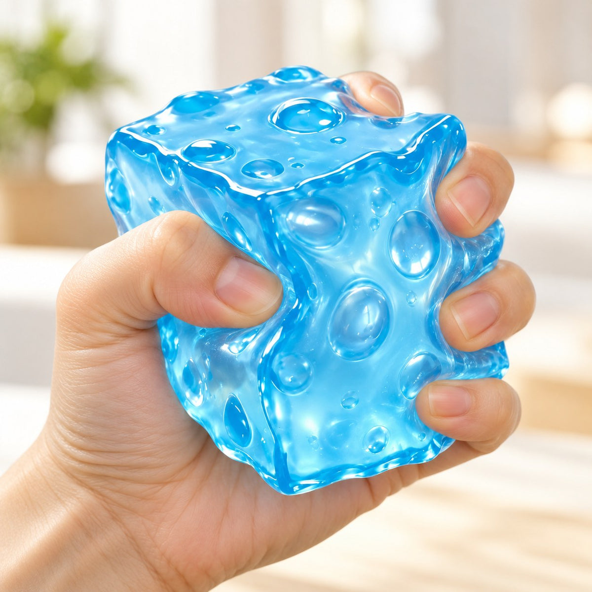 Jumbo Jelly Cheese Squishy, Moldable (blue), being squeezed by hand, soft and squishy