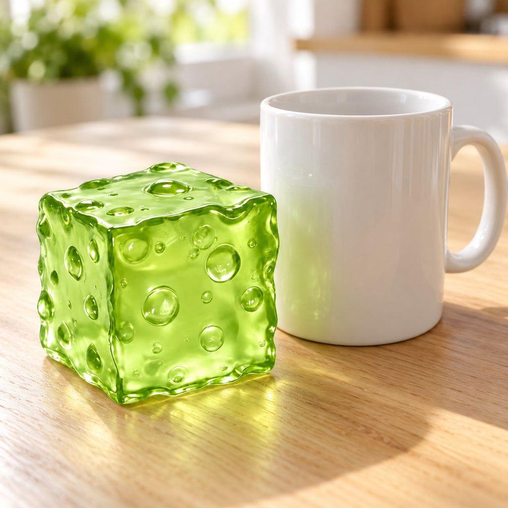 Jumbo Jelly Cheese Squishy, Moldable (green), next to a coffee mug for size comparison