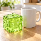 Jumbo Jelly Cheese Squishy, Moldable (green), next to a coffee mug for size comparison