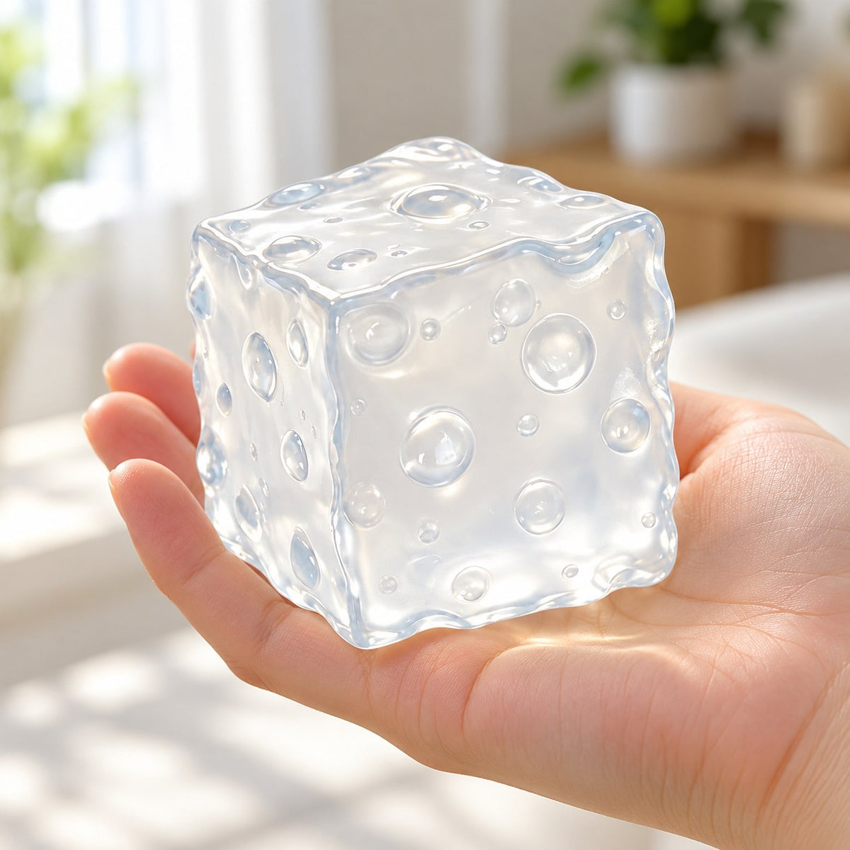 Jumbo Jelly Cheese Squishy, Moldable (white), held in a hand to show the real size