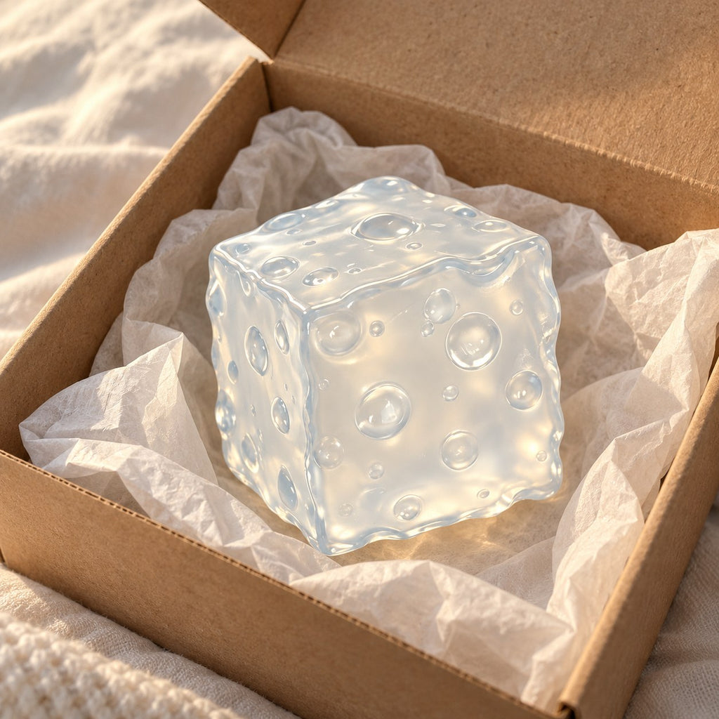 Jumbo jelly cheese squishy (white), unboxed from a parcel with tissue paper