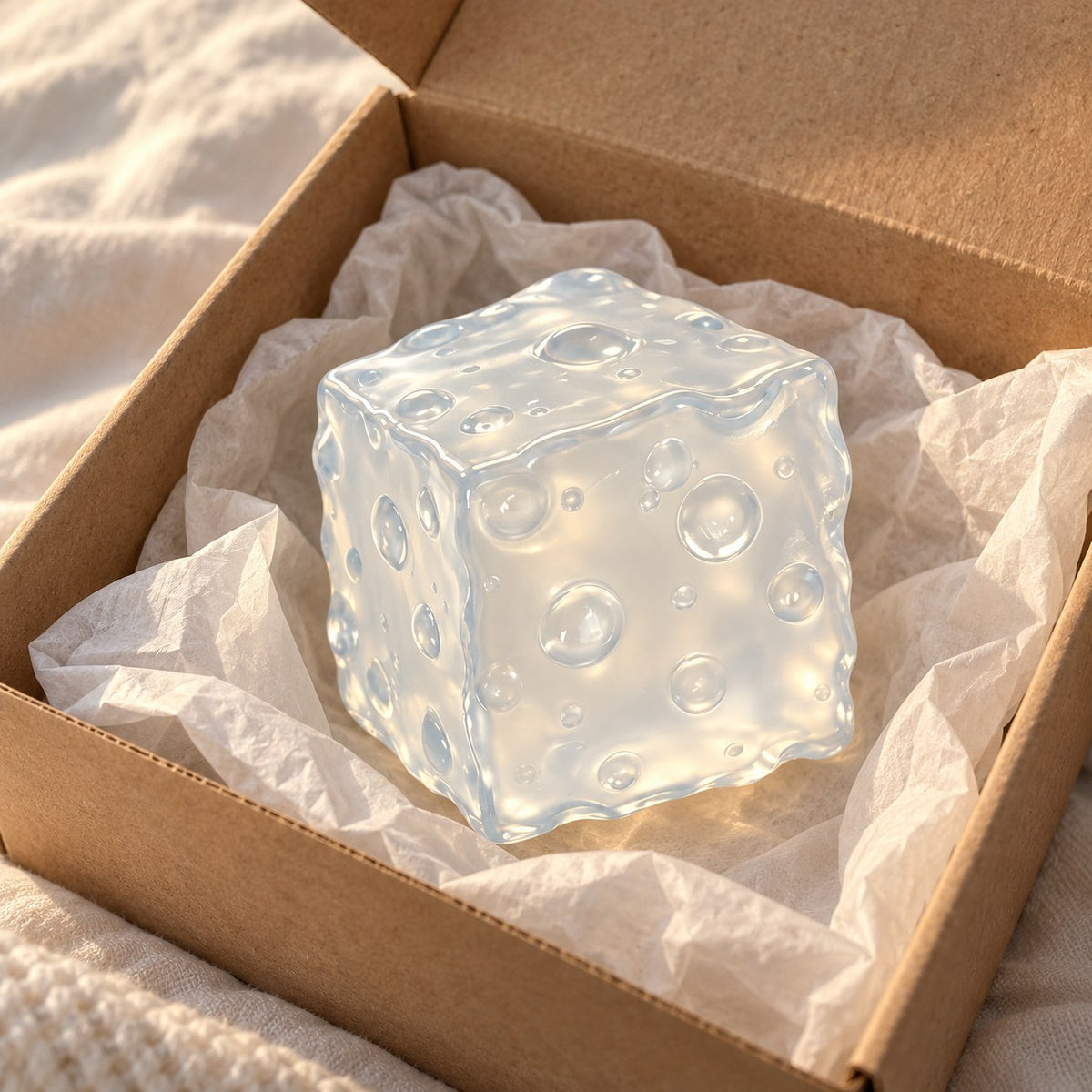 Jumbo jelly cheese squishy (white), unboxed from a parcel with tissue paper
