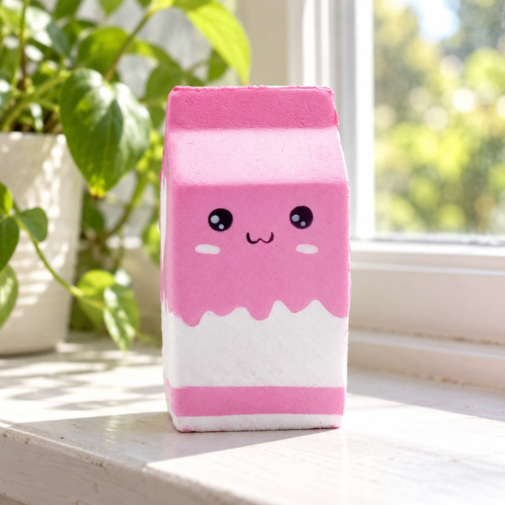 Milk carton squishy (pink), on a sunny windowsill