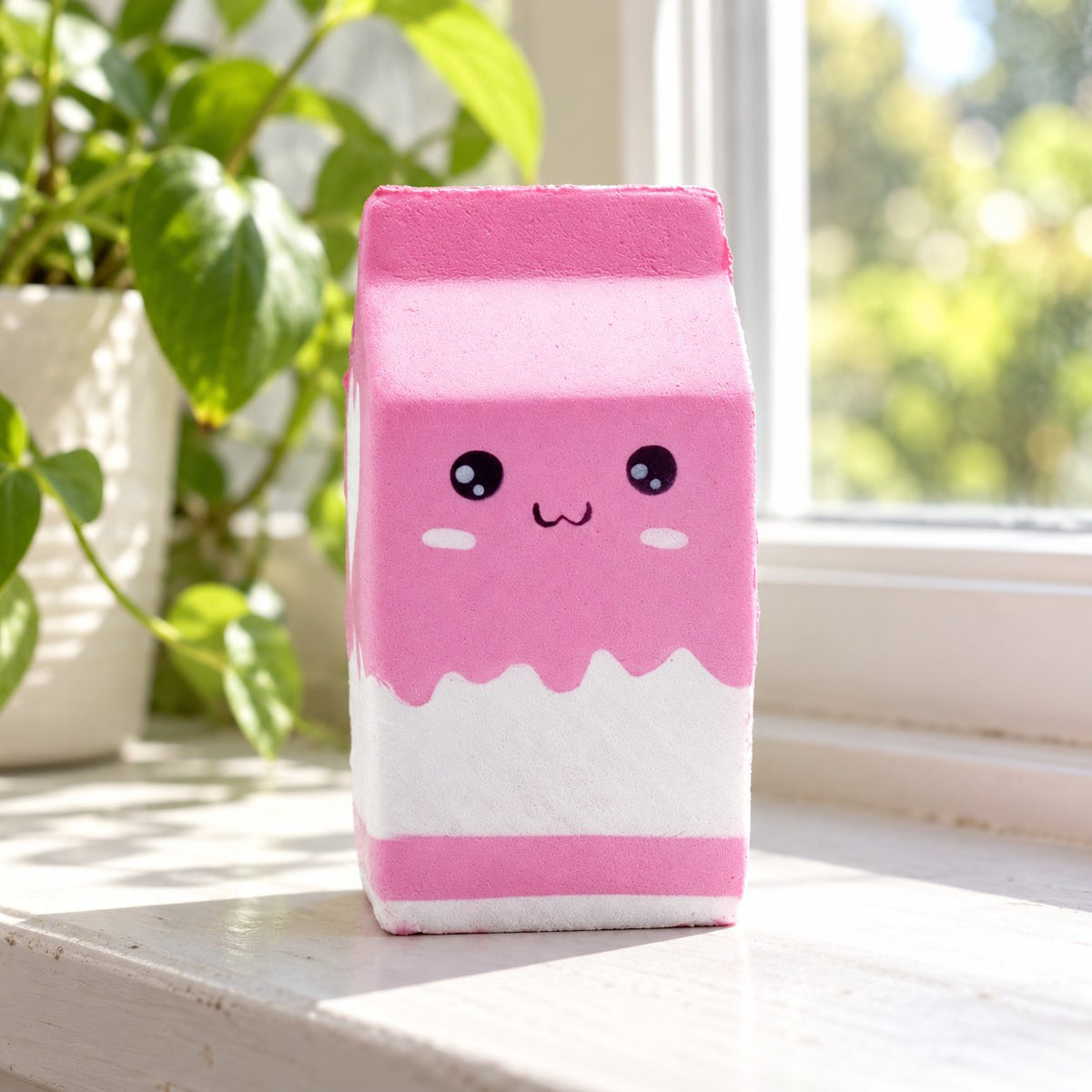 Milk carton squishy (pink), on a sunny windowsill