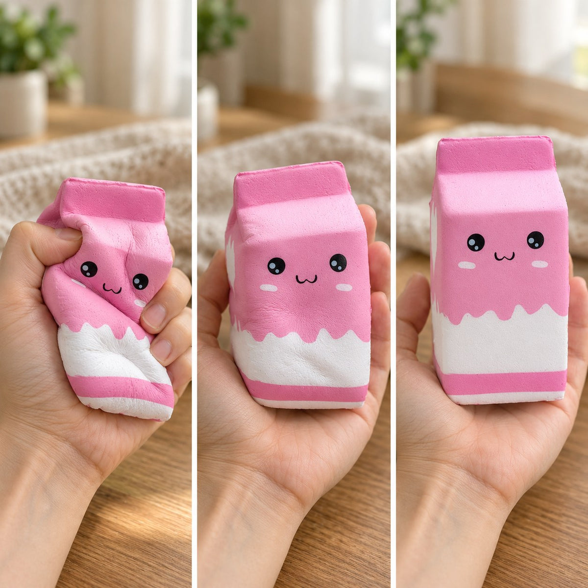 Milk carton squishy jumbo (pink), squished flat, half risen and fully back in shape
