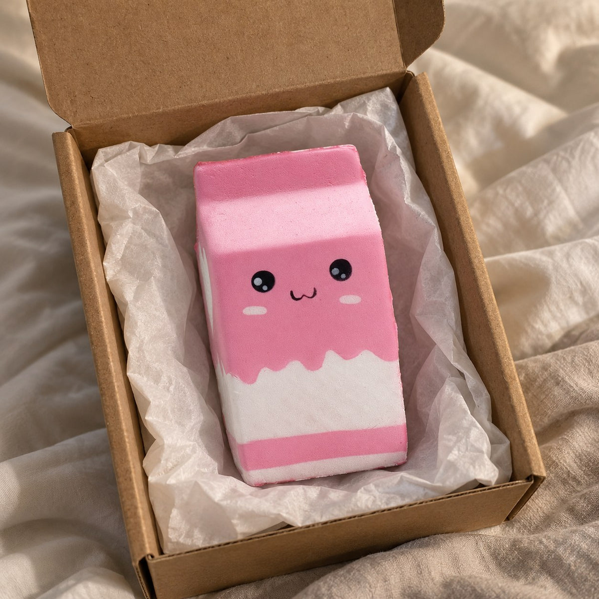 Milk carton squishy jumbo (pink), unboxed from a parcel with tissue paper