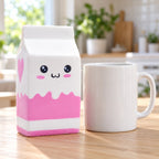 Jumbo Milk Carton Squishy, Slow Rising (white), next to a coffee mug for size comparison