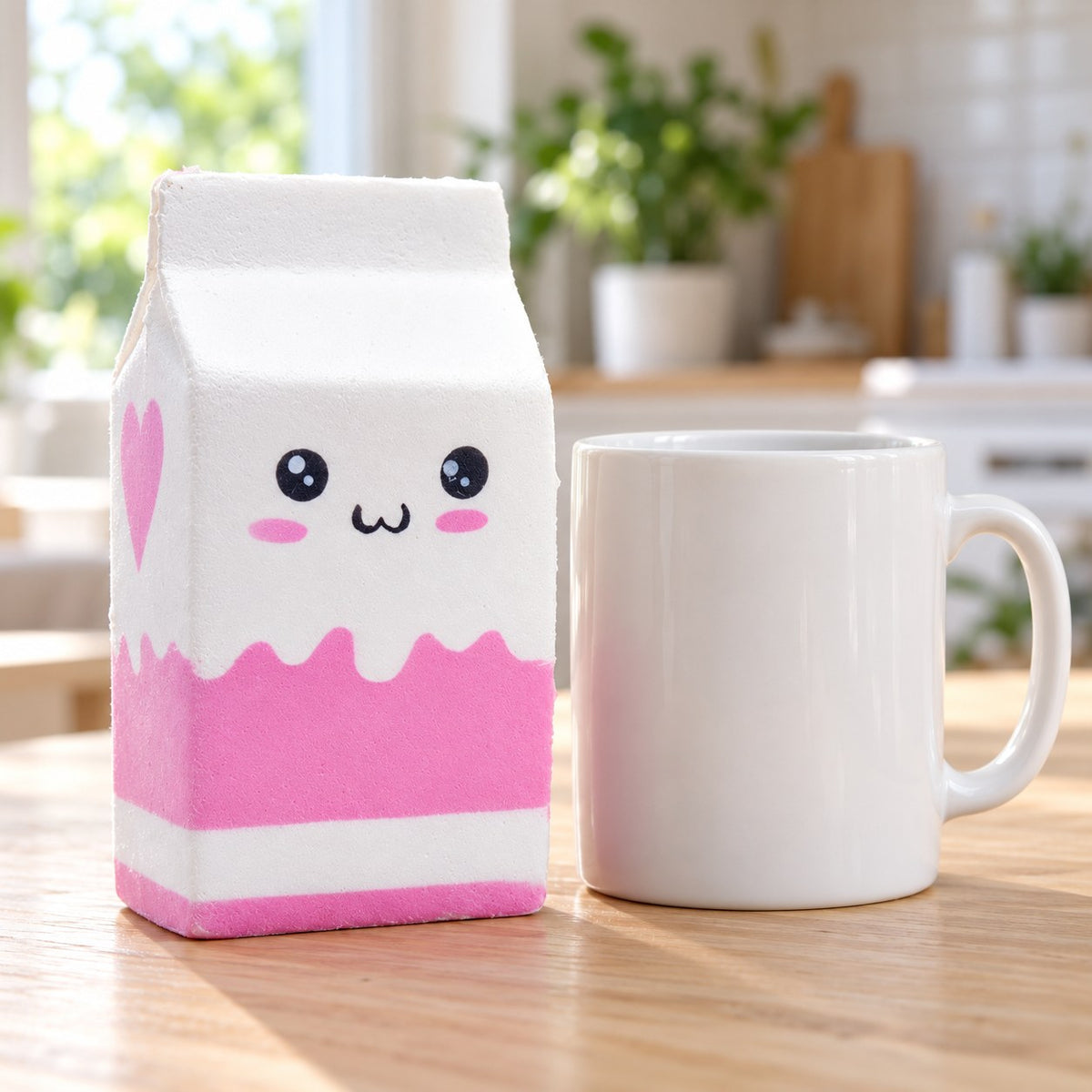 Jumbo Milk Carton Squishy, Slow Rising (white), next to a coffee mug for size comparison