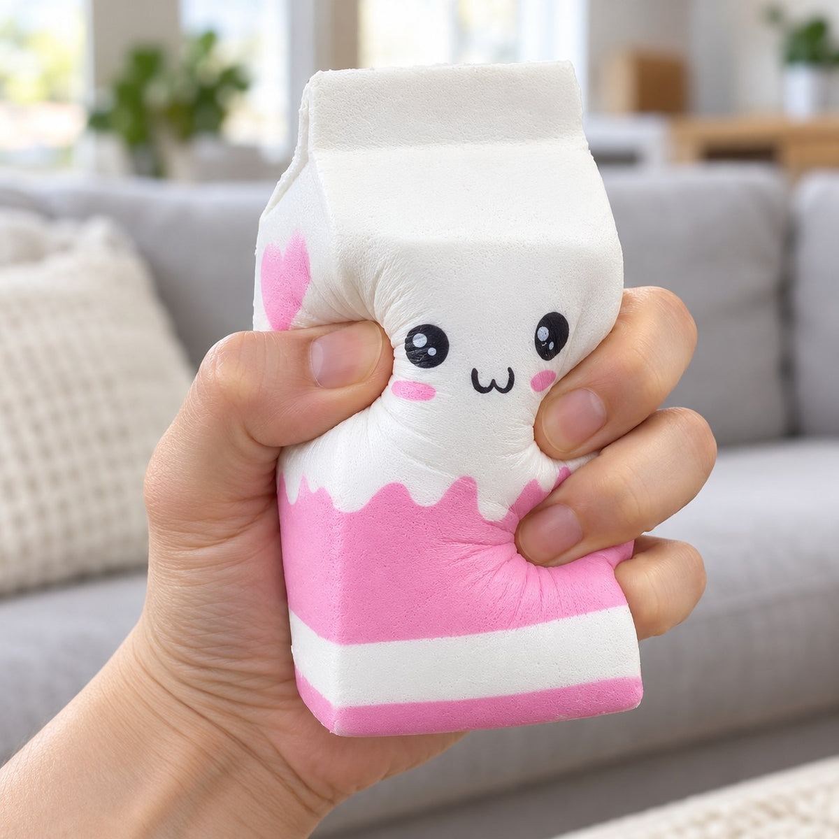 Jumbo Milk Carton Squishy, Slow Rising (white), being squeezed by hand, soft and squishy