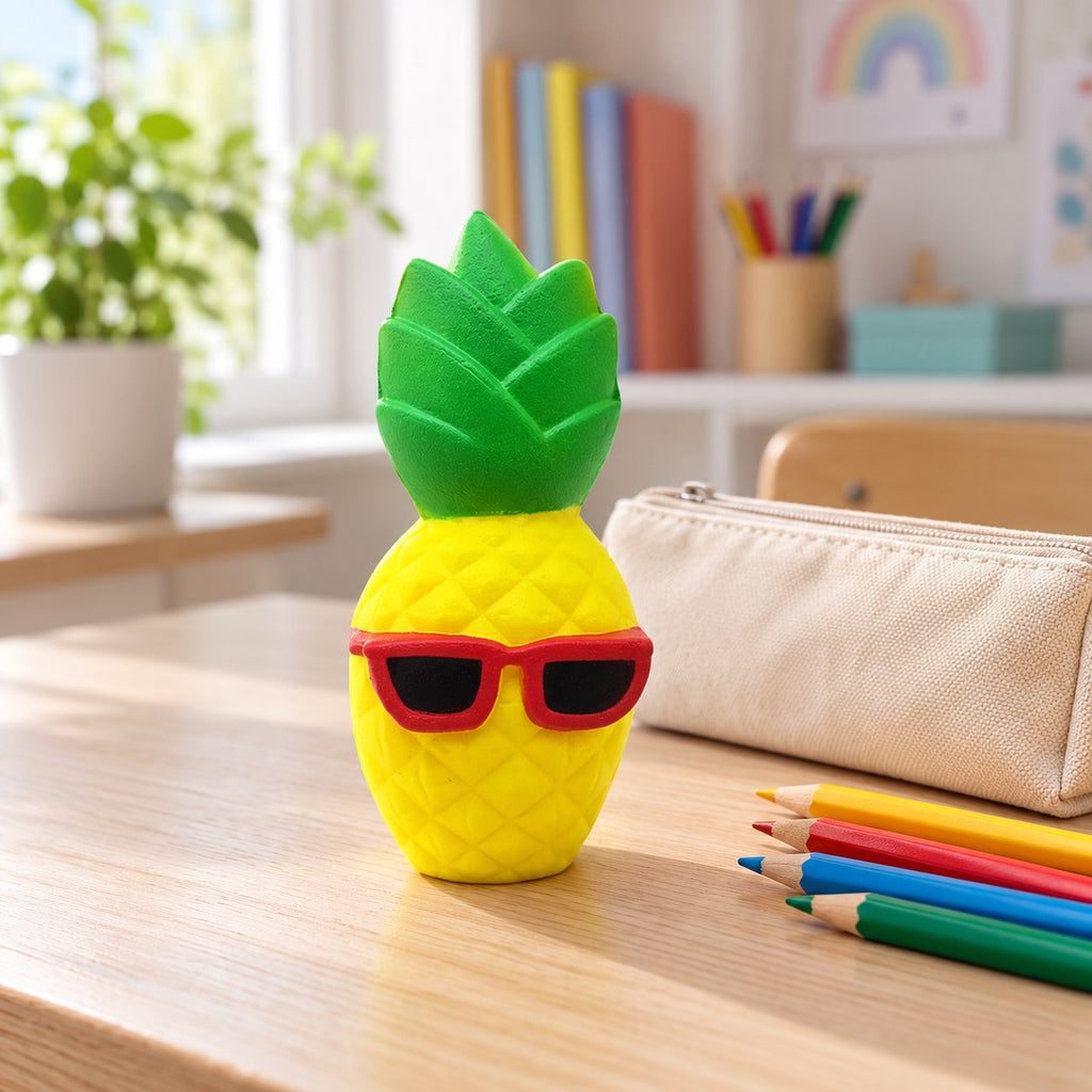 Jumbo Pineapple Squishy with Sunglasses, on a school desk next to a pencil case