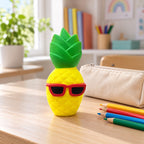 Jumbo Pineapple Squishy with Sunglasses, on a school desk next to a pencil case