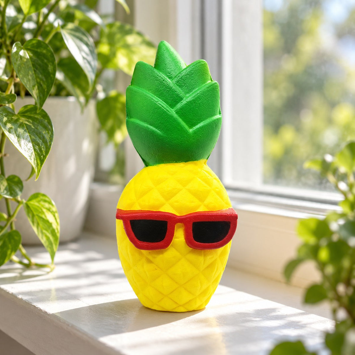 Jumbo Pineapple Squishy with Sunglasses, on a sunny windowsill