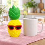 Jumbo Pineapple Squishy with Sunglasses, next to a coffee mug for size comparison