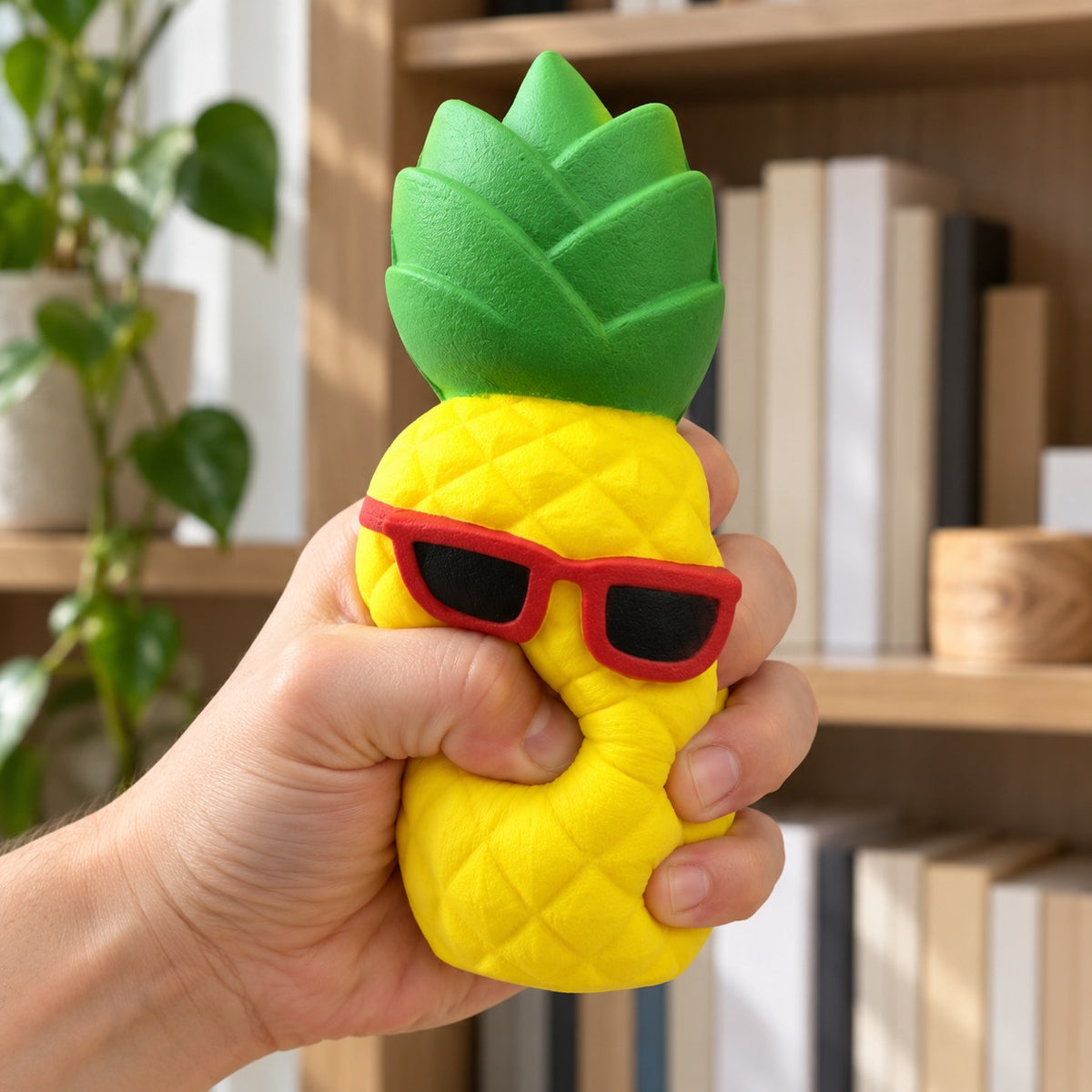 Jumbo Pineapple Squishy with Sunglasses, being squeezed by hand, soft and squishy