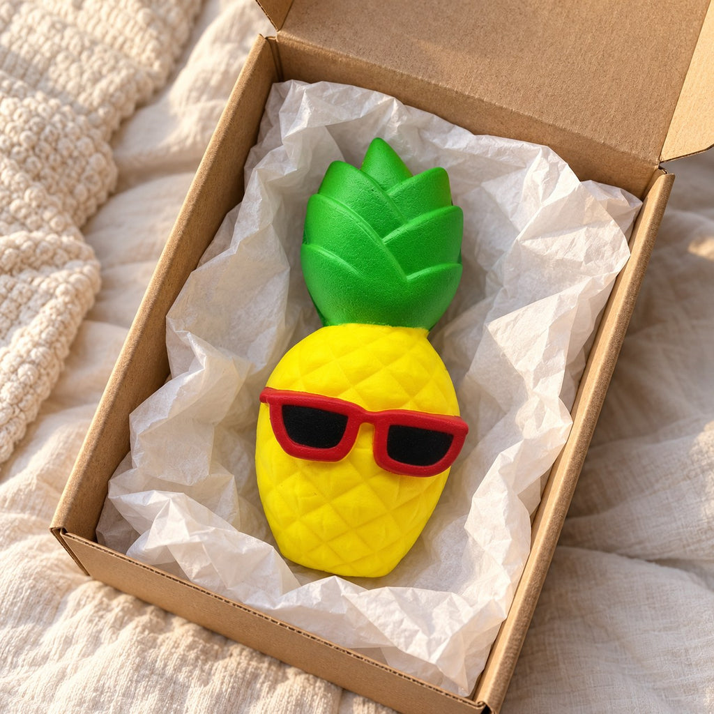 Jumbo Pineapple Squishy with Sunglasses, unboxed from a parcel with tissue paper