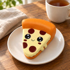 Jumbo Pizza Squishy, Kawaii Slice, on a plate on a breakfast table