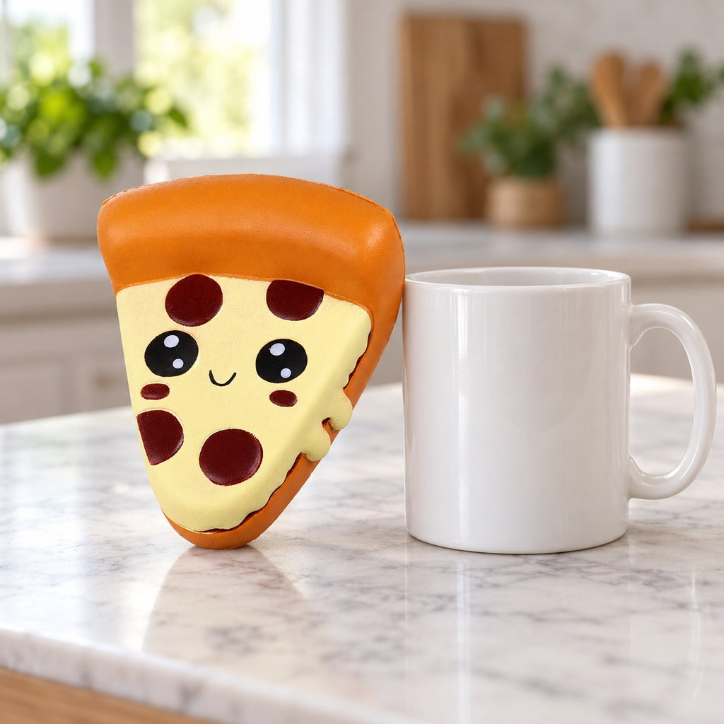 Jumbo Pizza Squishy, Kawaii Slice, next to a coffee mug for size comparison