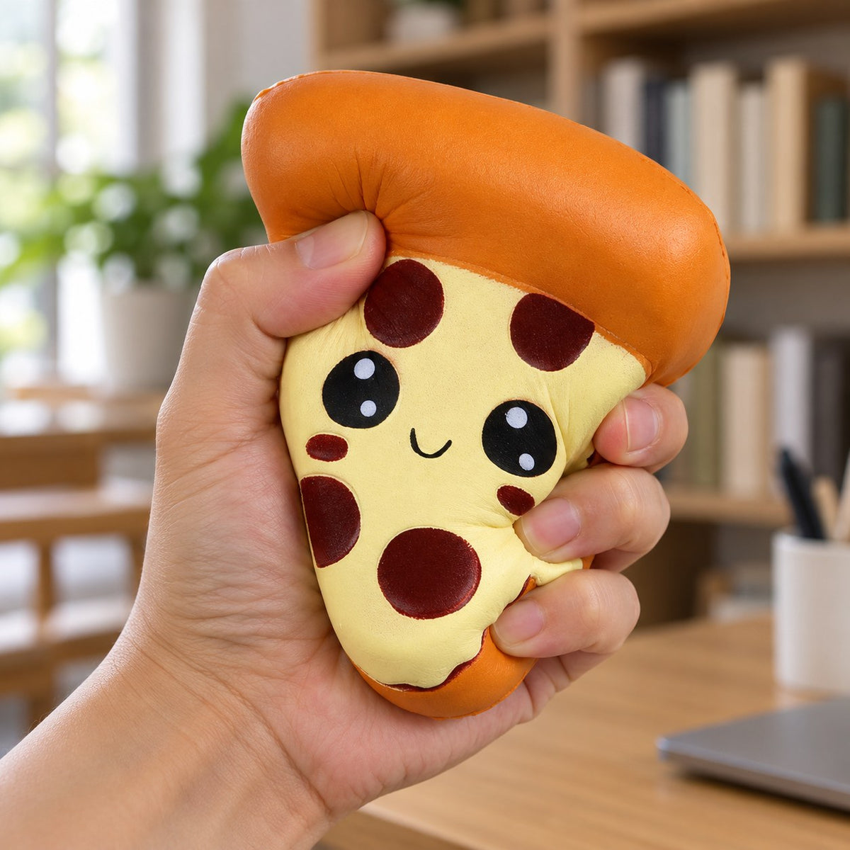 Jumbo Pizza Squishy, Kawaii Slice, being squeezed by hand, soft and squishy
