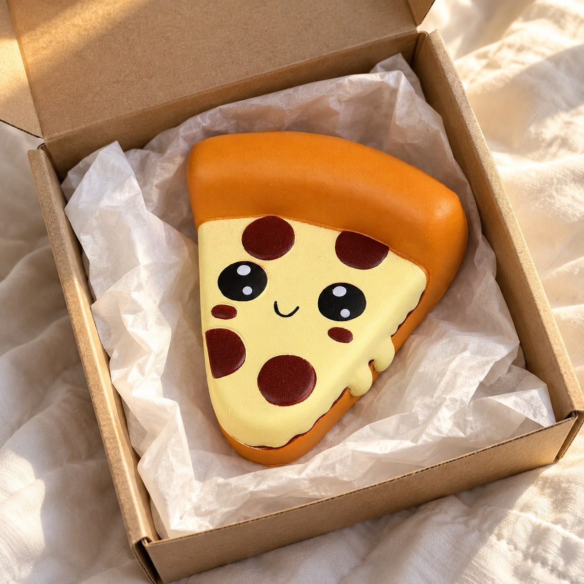 Pizza squishy, unboxed from a parcel with tissue paper