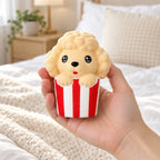 Squishy XXL pejsek v popcornu, kawaii, v ruce, aby byla vidět skutečná velikost