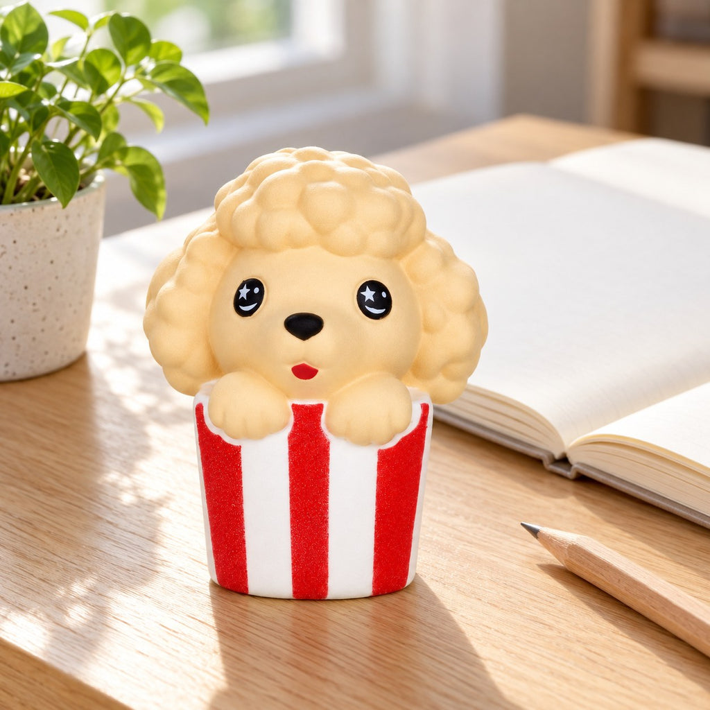 Squishy XXL pejsek v popcornu, kawaii, na psacím stole se zápisníkem a tužkou