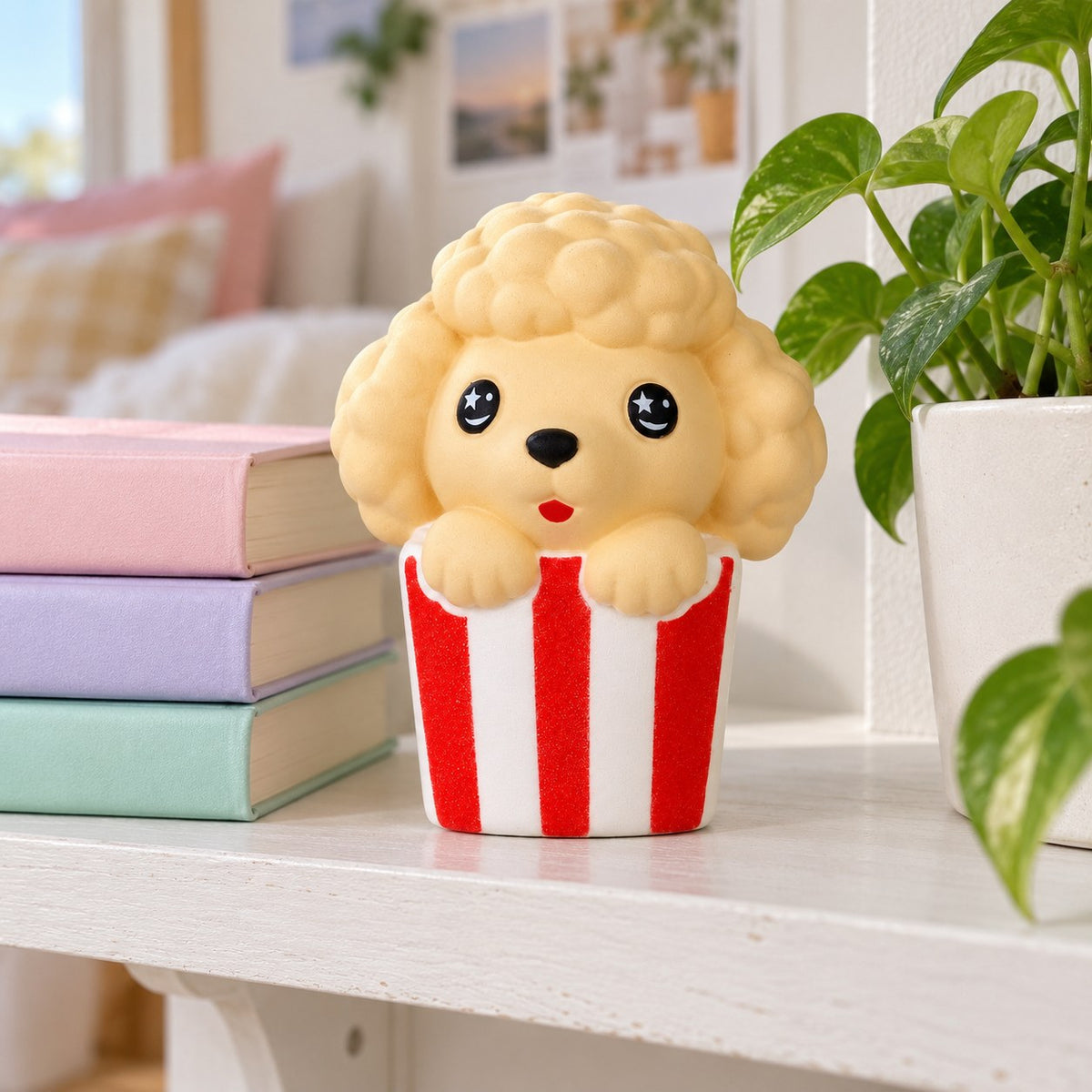 Puppy squishy jumbo, on a shelf with books and a plant as room decor
