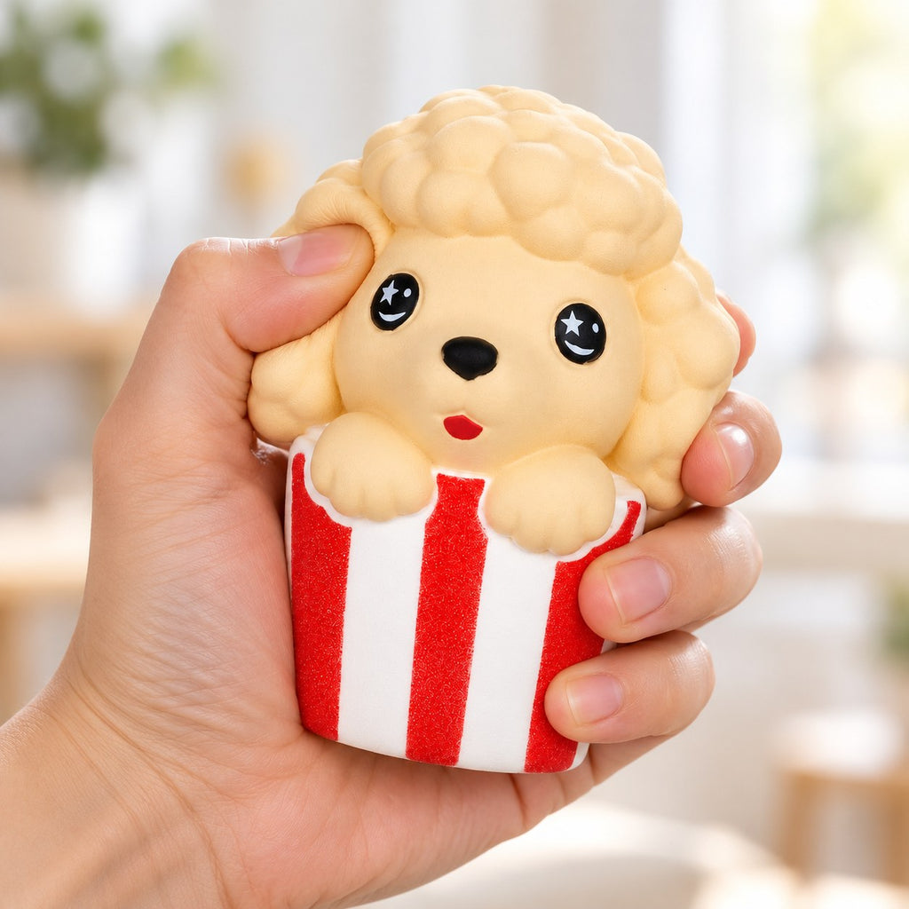 Squishy XXL pejsek v popcornu, kawaii, mačkaný v ruce, měkký a příjemný