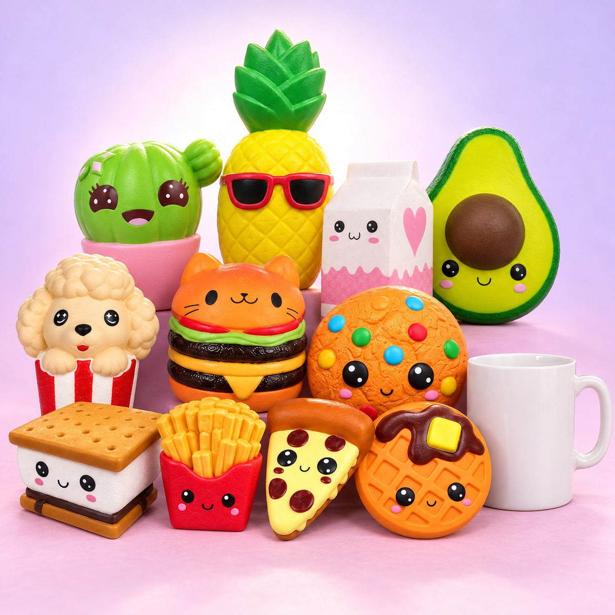 Jumbo squishy set with all 11 kawaii food squishies, from fries to pineapple, next to a white mug for size