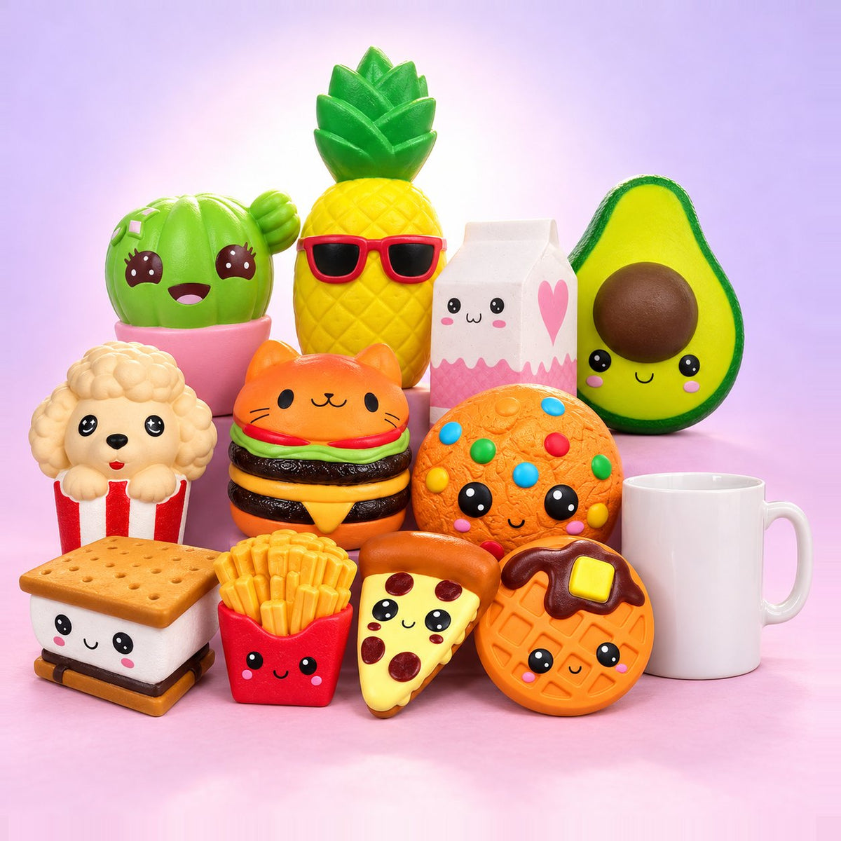 Jumbo squishy set met alle 11 kawaii eten squishies, van friet tot ananas, naast een witte mok als maat