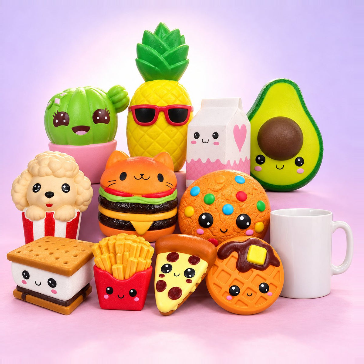 Jumbo Squishy Set mit allen 11 Kawaii-Essen-Squishys, von Pommes bis Ananas, neben einer weißen Tasse zum Größenvergleich