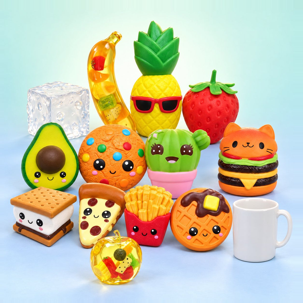 Mega Vault: jumbo squishy set med 13 jättesquishies och slow rising-frukter, bredvid en vit mugg