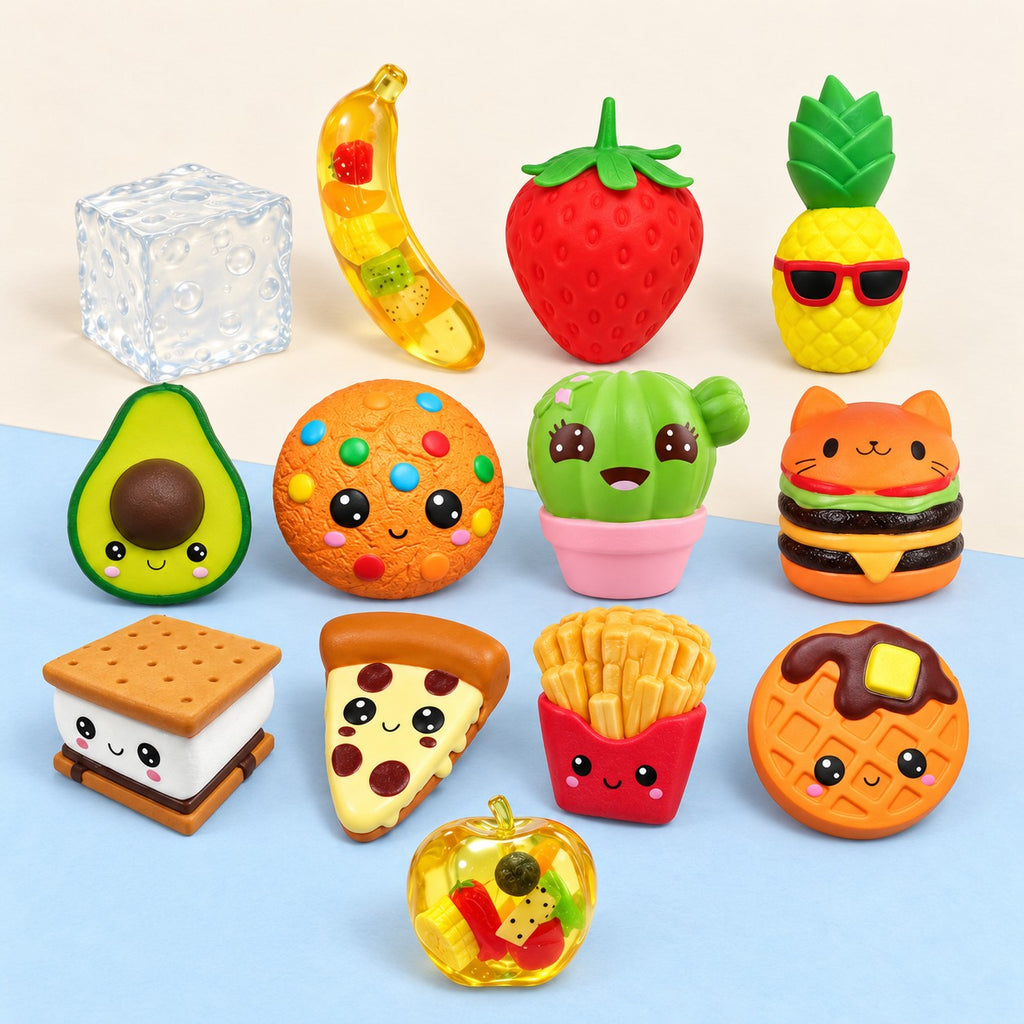 Squishy géant coffret slow rising – Mega Vault : 13 squishies géants, photo du produit sur papier pastel