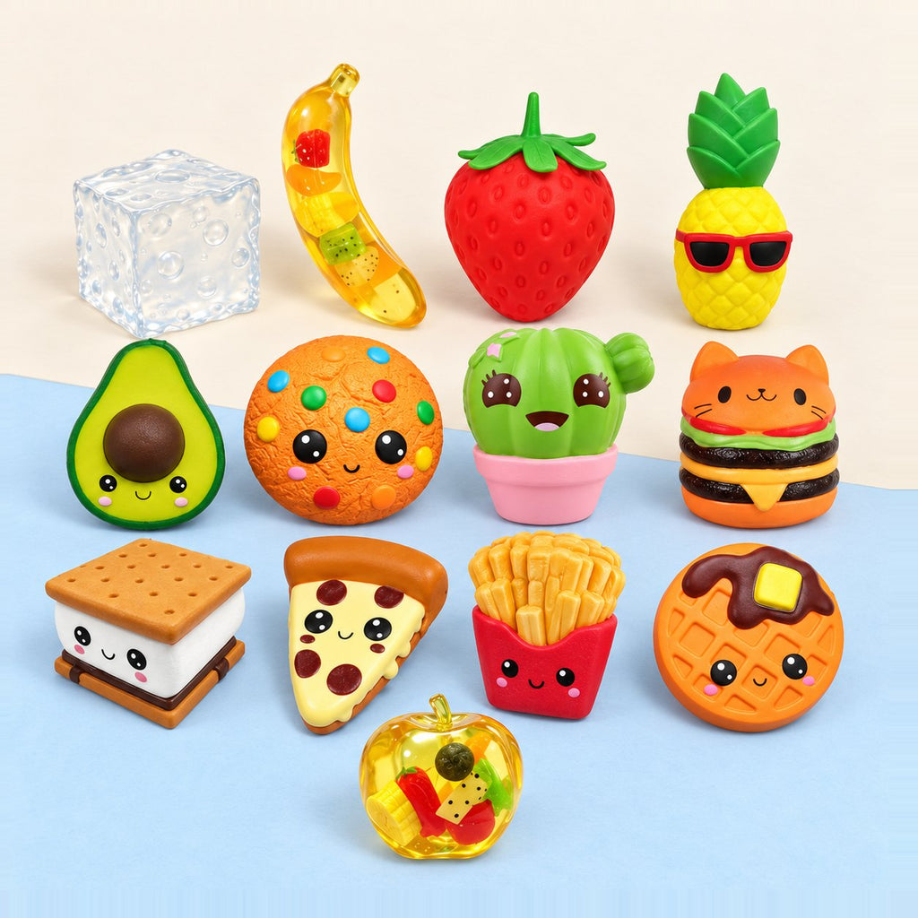 Jumbo squishy slow rising set met 13 reuzen-squishies op pastelkleurig papier