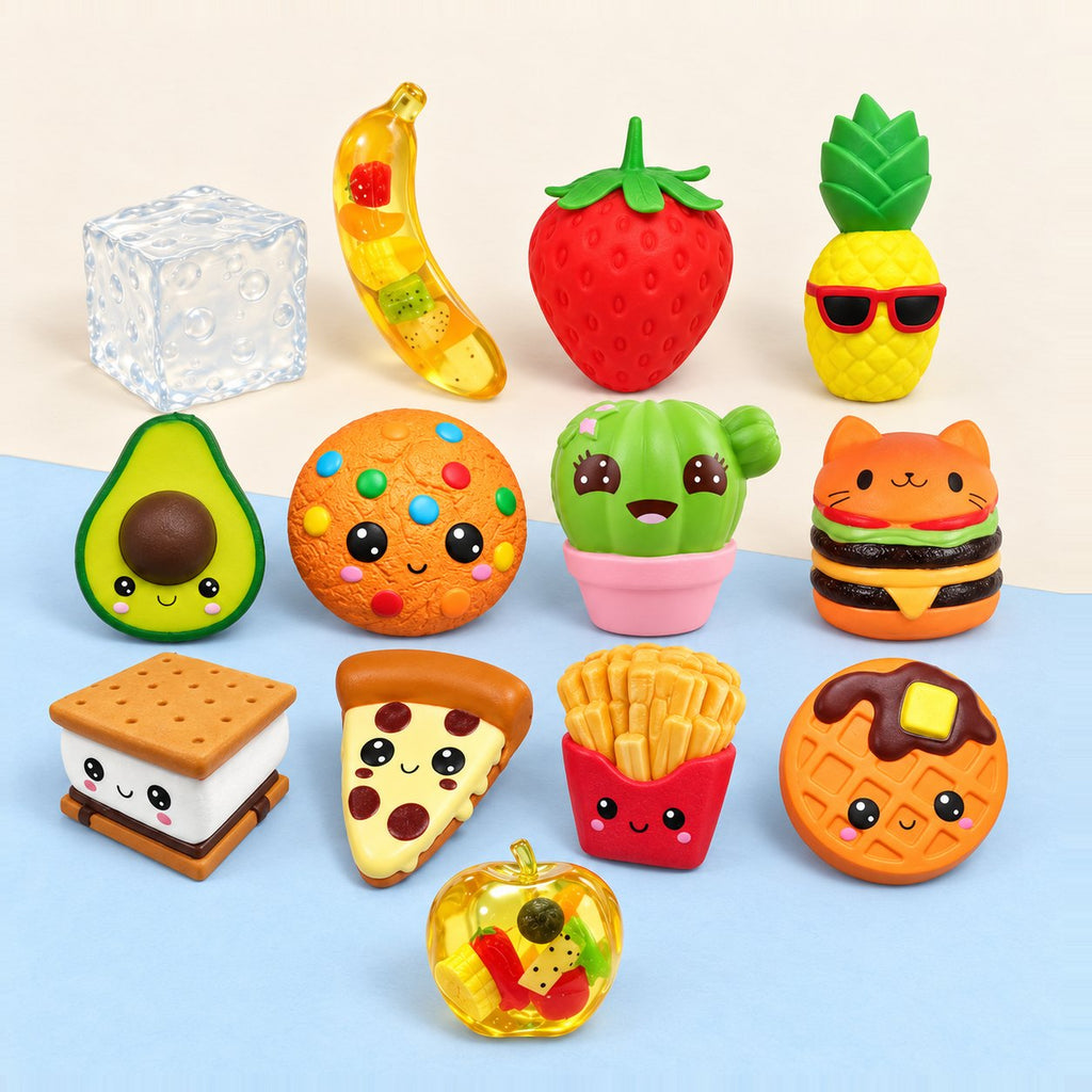 Jumbo Squishy Slow Rising im Mega-Set mit 13 Riesen-Squishys, Sammelbild auf Pastellpapier