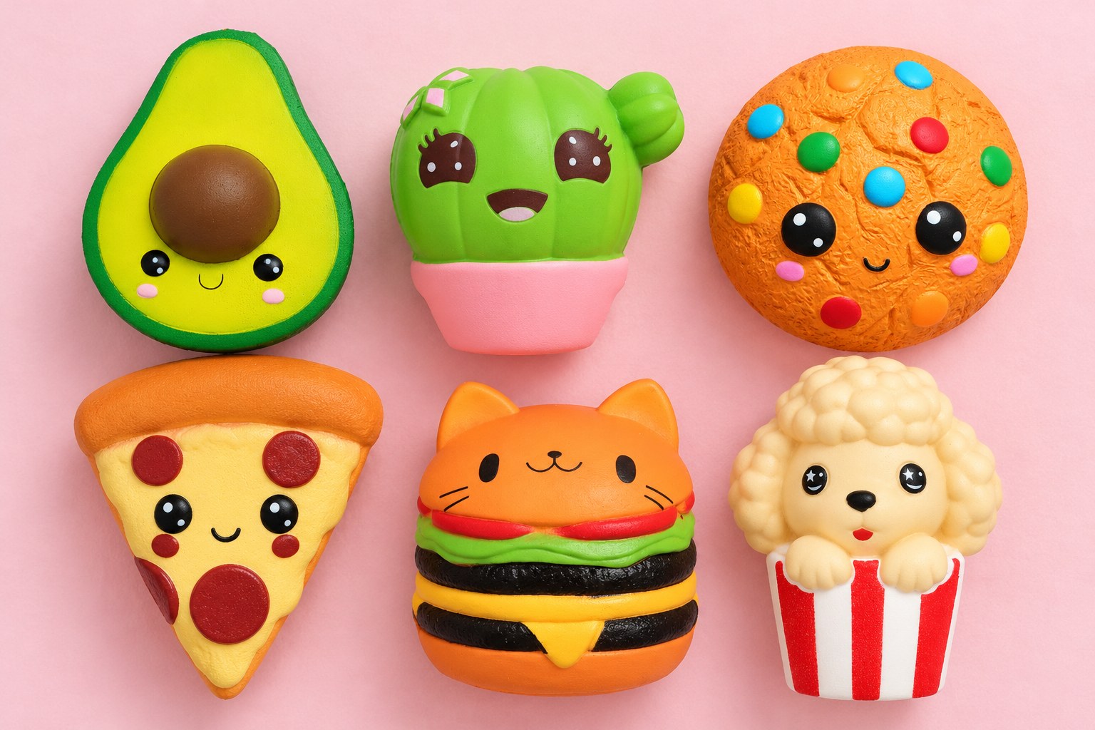 Sechs Jumbo Kawaii Squishies von oben auf rosa Grund: Avocado, Kaktus, Keks, Pizza, Katzen-Burger und Popcorn-Hund