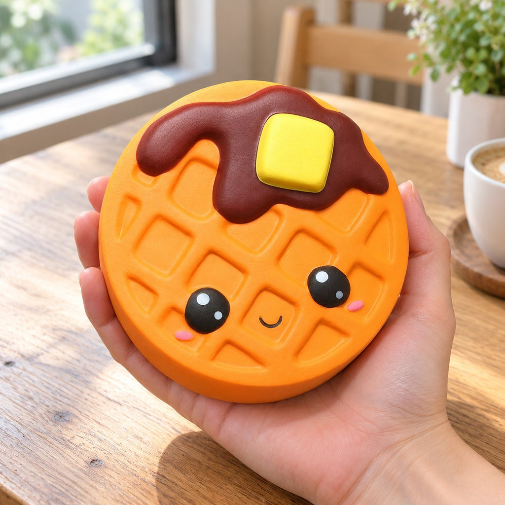 Jumbo Waffle Squishy, Kawaii, held in a hand to show the real size