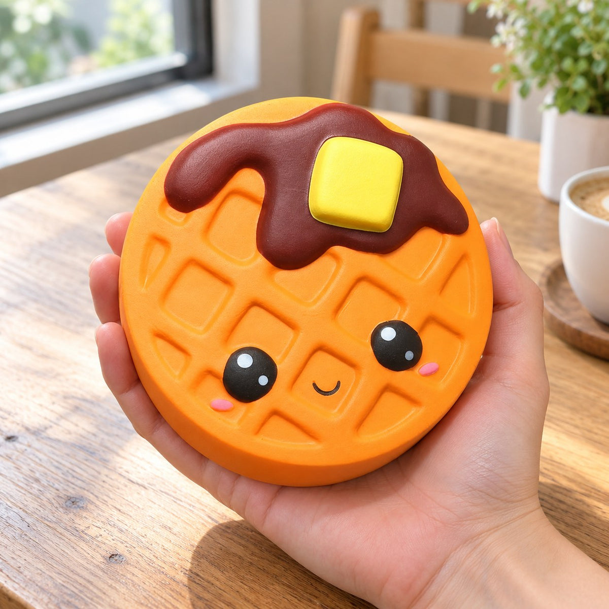 Jumbo Waffle Squishy, Kawaii, held in a hand to show the real size