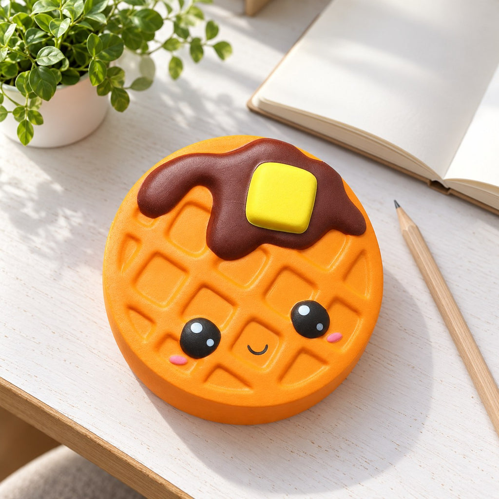 Waffle squishy, on a desk with a notebook and pencil