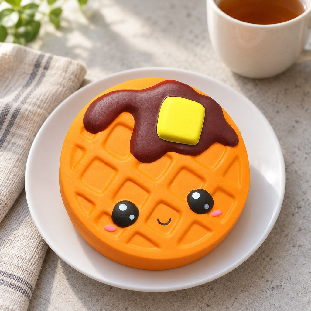 Jumbo Waffle Squishy, Kawaii, on a plate on a breakfast table