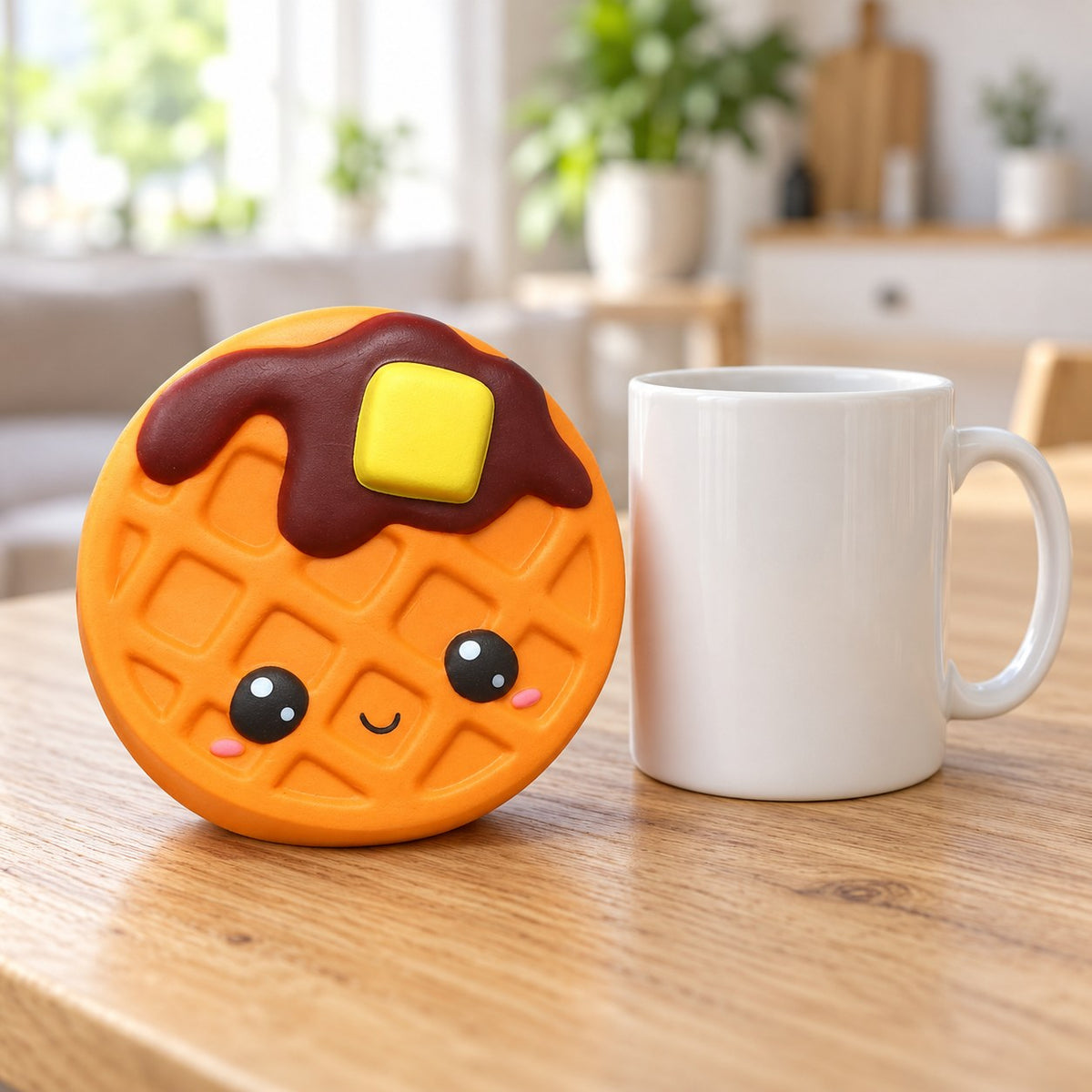 Jumbo Waffle Squishy, Kawaii, next to a coffee mug for size comparison