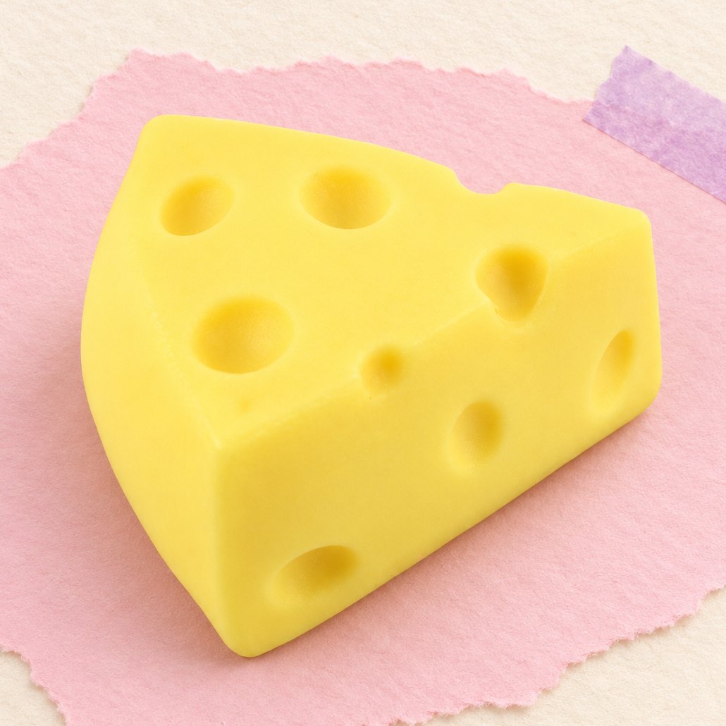 Kaasdriehoek squishy mini, zacht en massief, op pastelkleurig papier