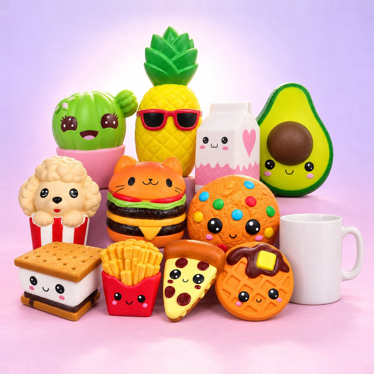 Kæmpe squishy sæt med alle 11 kawaii mad-squishies, fra pomfritter til ananas, ved siden af et hvidt krus