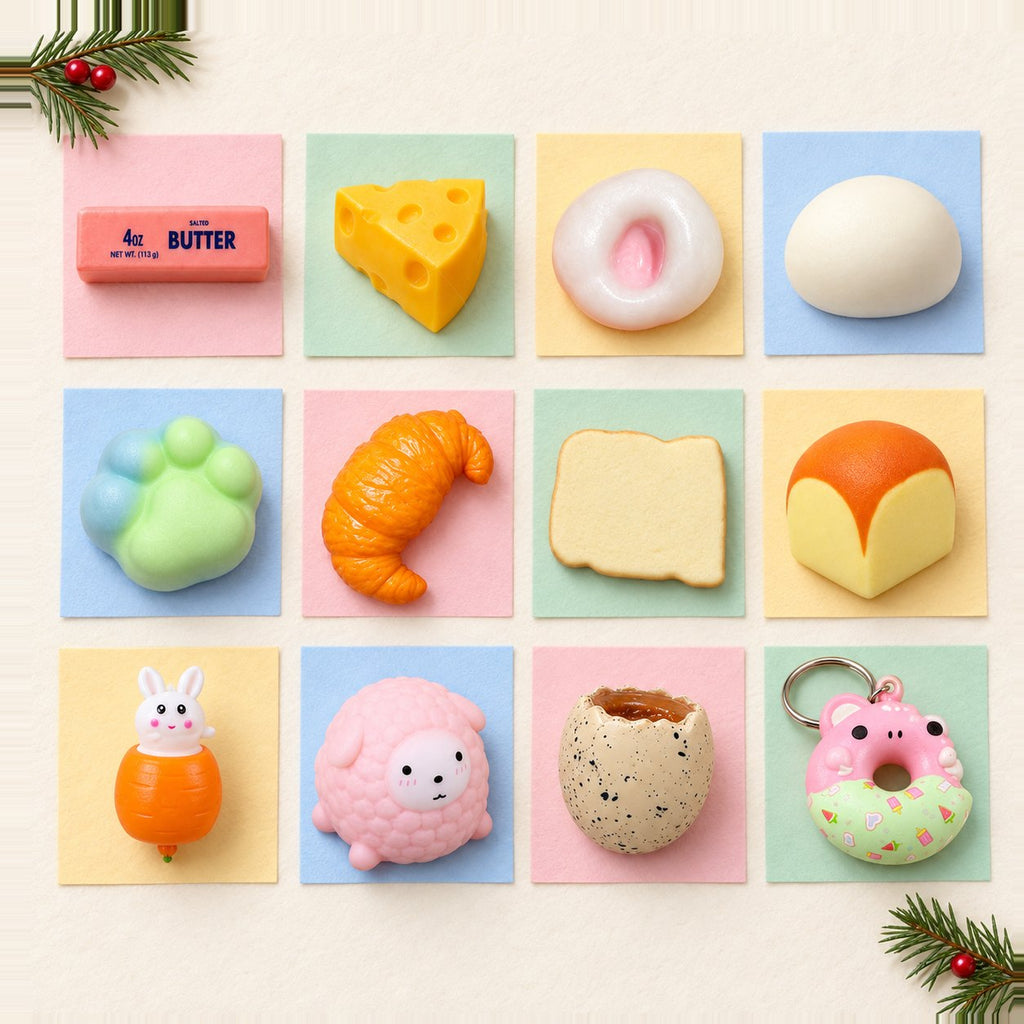 Kalendarz adwentowy z gniotkami do wypełnienia: 12 różnych squishy w rzędach jak okienka na pastelowym papierze