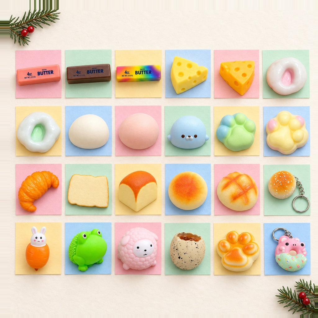Kalendarz adwentowy z gniotkami do wypełnienia: 24 różne squishy w rzędach jak okienka na pastelowym papierze