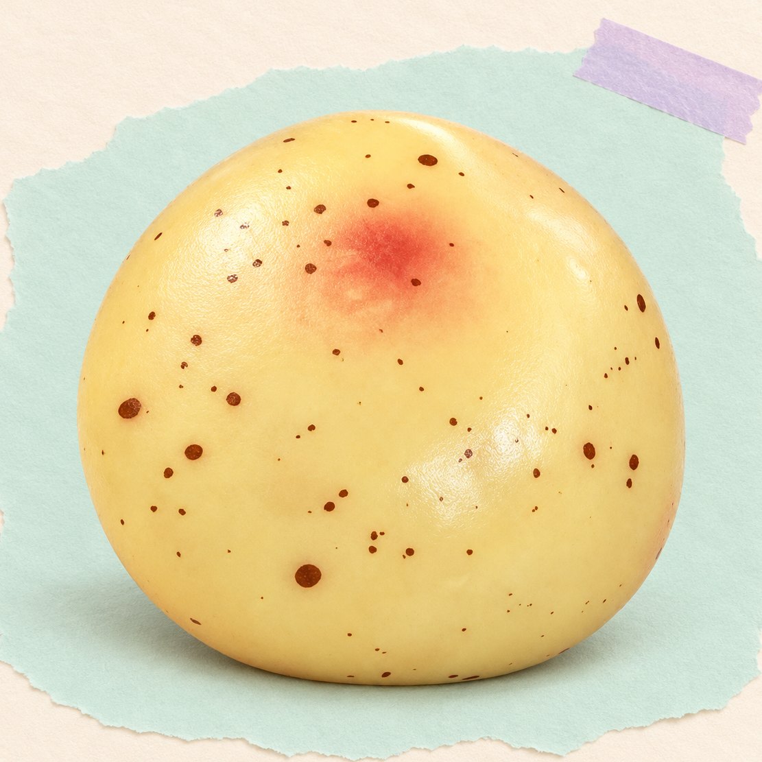 Kartoffel-squishy med knas, produktfoto på pastelfarvet papir